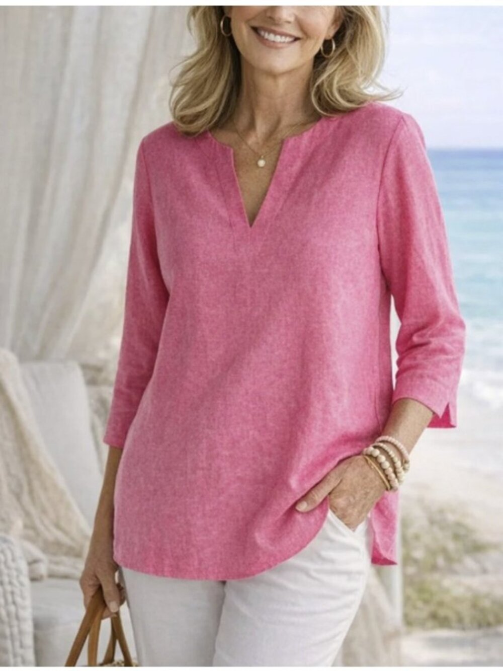 Lands' End Linen Blend 3/4 Sleeve Split Neck Lightweight Tunic Top New Pink S